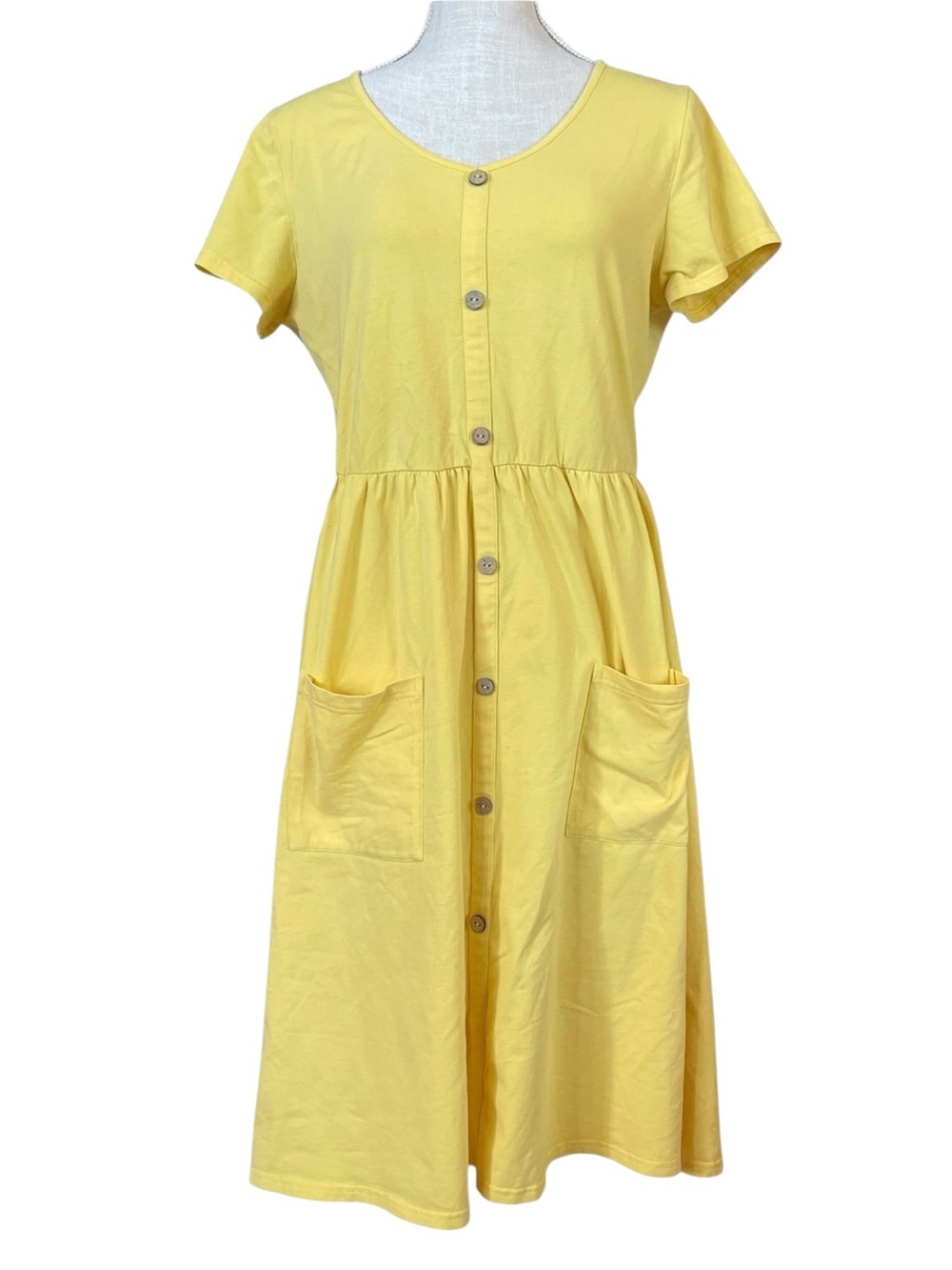 Butter Yellow Fit and Flare Dress w/ Button Front Deep Pockets, & Pleated Waist